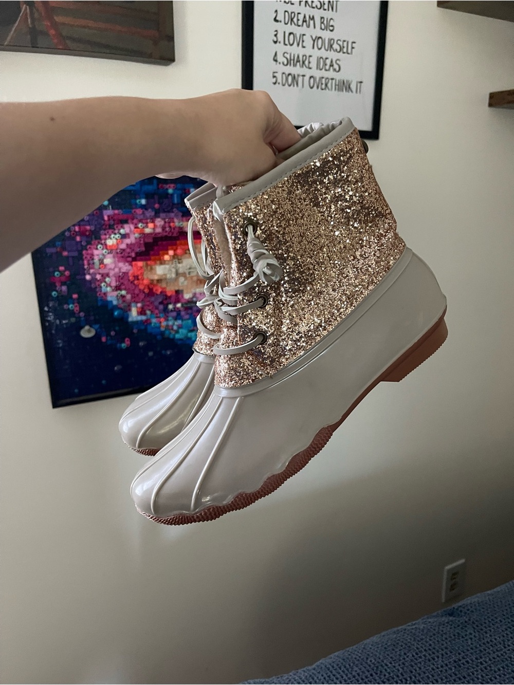 Women’s Glitter Duck Rain Boots - Rose Gold and White